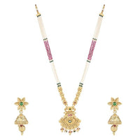 Etnico Gold Plated Traditional Temple Brass Long Pearl Necklace & Jhumki Earrings Set For Women (MC129QG)