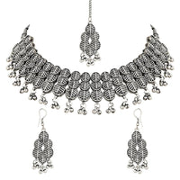 Etnico Ethnic Silver Oxidised Traditional Afghani Choker Necklace With Earrings And Maang Tikka Jewellery Set for Women And Girls (MC137OX)