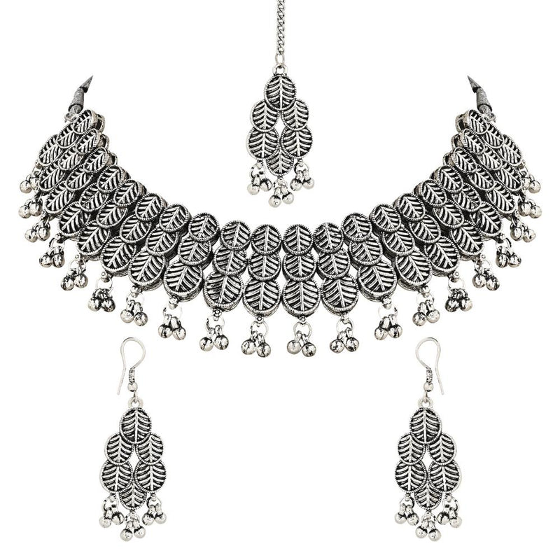 Etnico Ethnic Silver Oxidised Traditional Afghani Choker Necklace With Earrings And Maang Tikka Jewellery Set for Women And Girls (MC137OX)