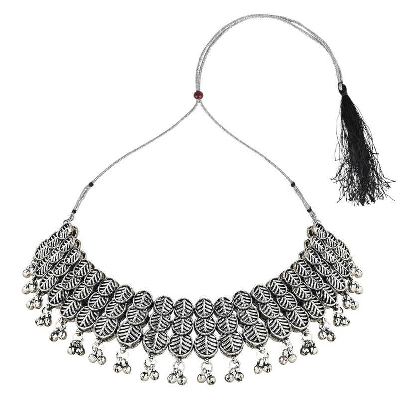 Etnico Ethnic Silver Oxidised Traditional Afghani Choker Necklace With Earrings And Maang Tikka Jewellery Set for Women And Girls (MC137OX)