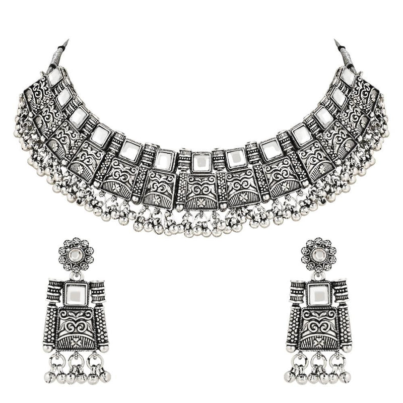 Etnico Ethnic Silver Oxidized Traditional Afghani Choker Necklace Jewellery Set for Women (MC139OX)