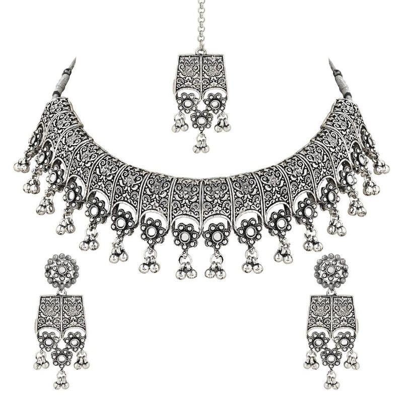 Etnico Ethnic Silver Oxidized Traditional Afghani Choker Necklace Jewellery Set for Women (MC143OX)