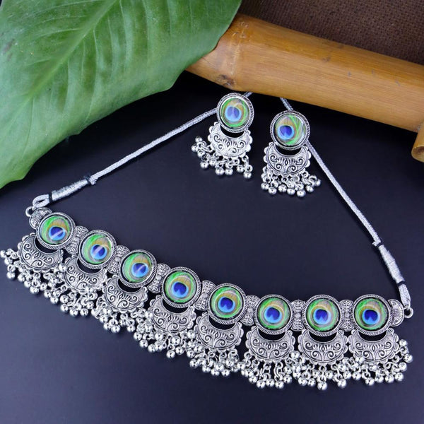 Etnico Oxidised Silver Plated Afghani Choker Necklace Jewellery Set for Women (MC144OX)
