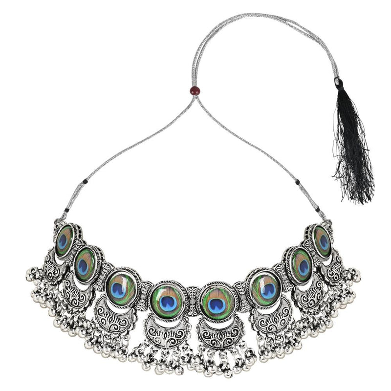 Etnico Oxidised Silver Plated Afghani Choker Necklace Jewellery Set for Women (MC144OX)