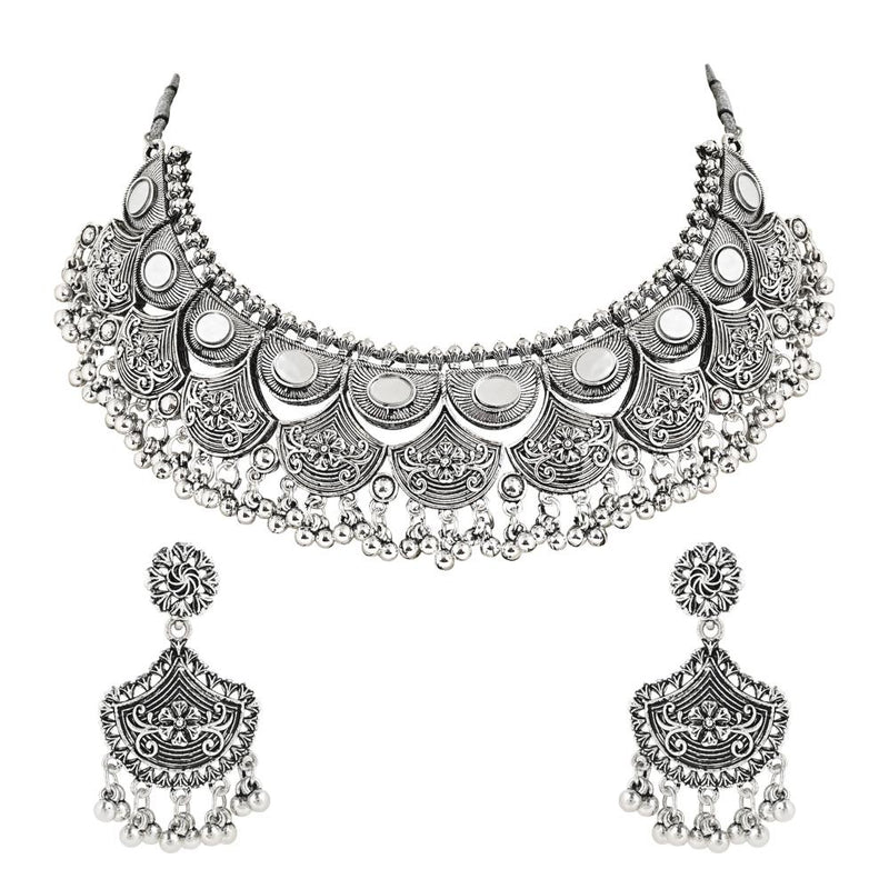 Etnico Ethnic Silver Oxidized Traditional Afghani Choker Necklace Jewellery Set for Women (MC145OX)