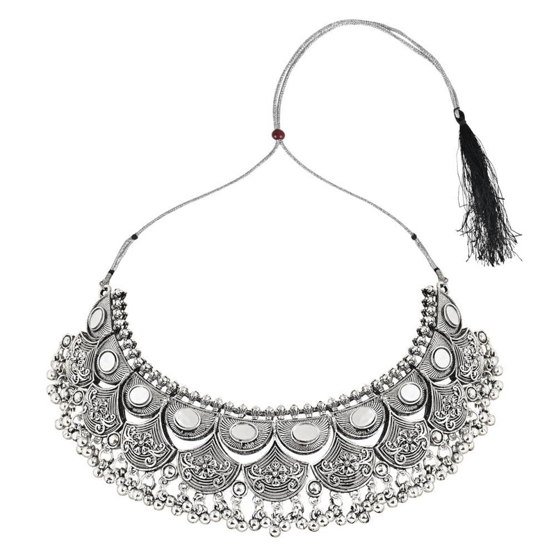 Etnico Ethnic Silver Oxidized Traditional Afghani Choker Necklace Jewellery Set for Women (MC145OX)