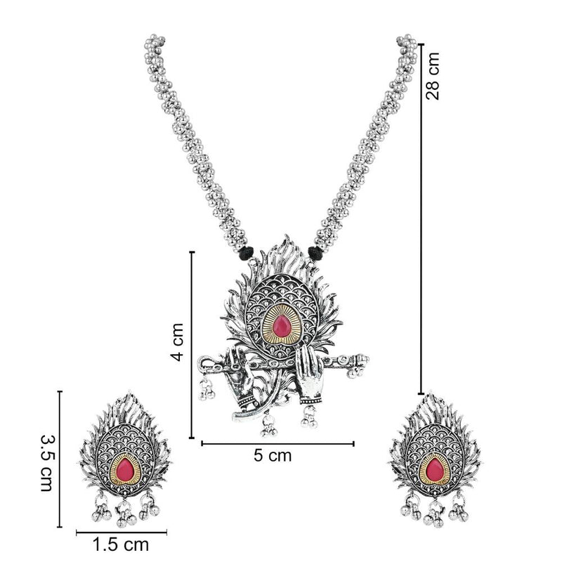 Etnico Ethnic Stylish Silver Oxidised Krishna Murli and Feather Long Necklace With Earring Jewellery Set for Women And Girls (MC152OX)