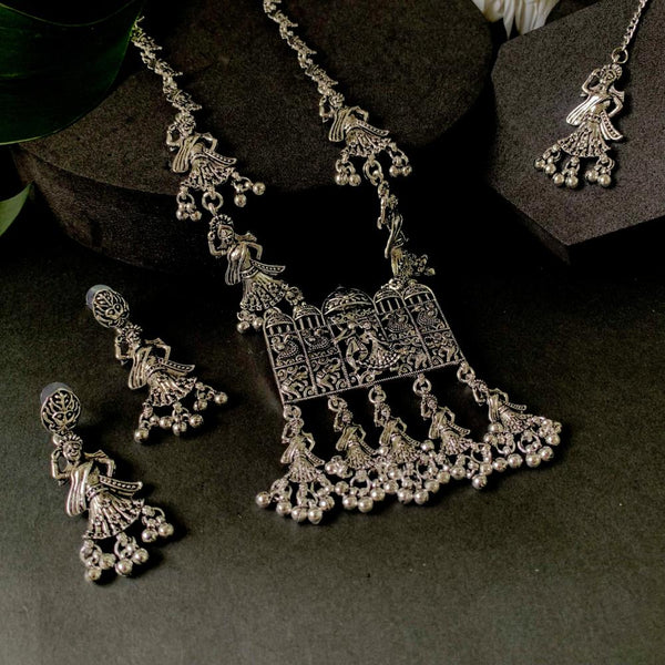 Etnico Ethnic Silver Oxidised Inspired by Garba With Peacock and Elephant Design Long Necklace Jewellery Set For Women/Girls (MC153OX)