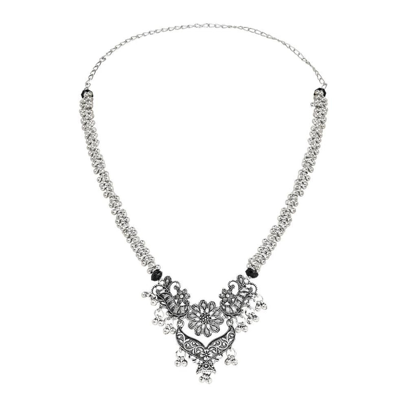 Etnico Silver Oxidised Floral Design Ghungroo Long Necklace Jewellery With Jhumka Earring Set For Women/Girls