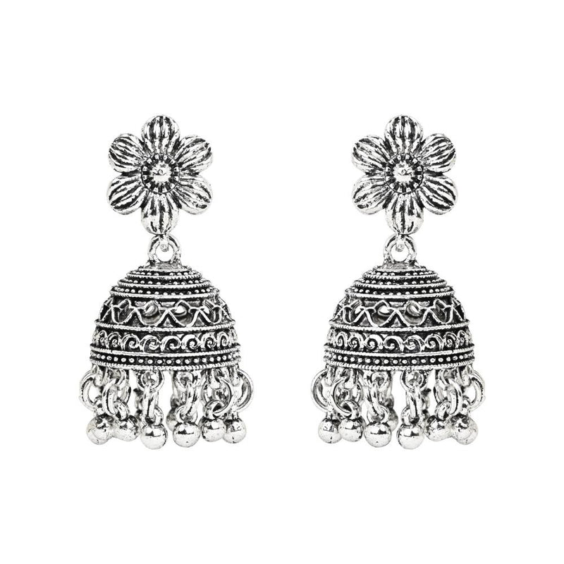 Etnico Silver Oxidised Floral Design Ghungroo Long Necklace Jewellery With Jhumka Earring Set For Women/Girls