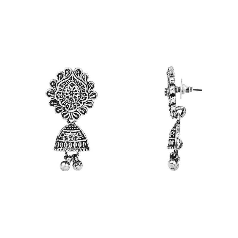 Etnico Ethnic Silver Oxidised Peacock Design Long Necklace Jewellery With Jhumka Earrings Set For Women/Girls (MC156OX)