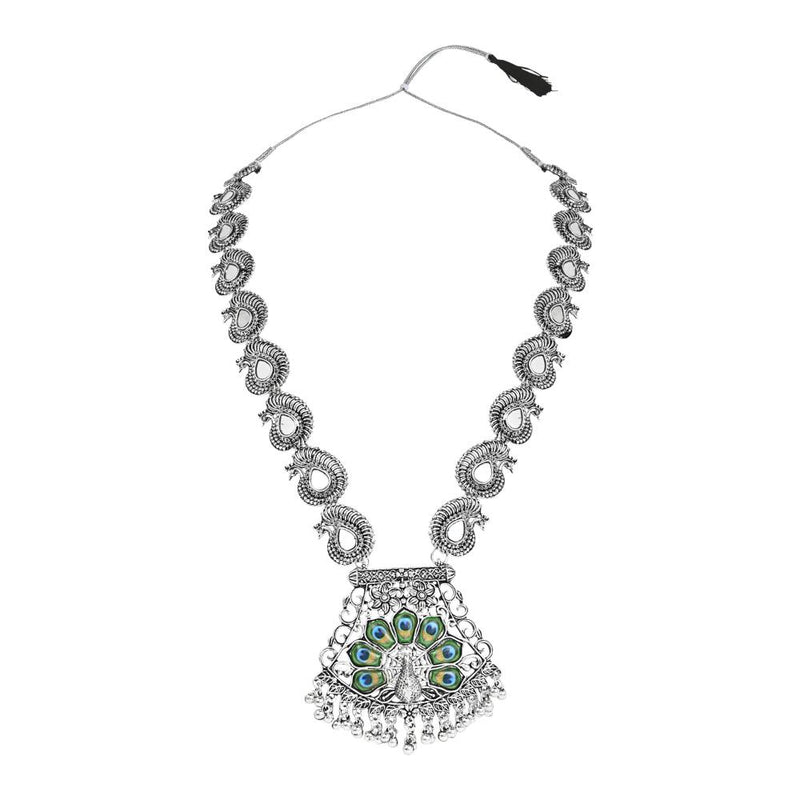 Etnico Silver Oxidised Ethnic Peacock Feather Ghungroo Long Necklace Jewellery Set For Women/Girls