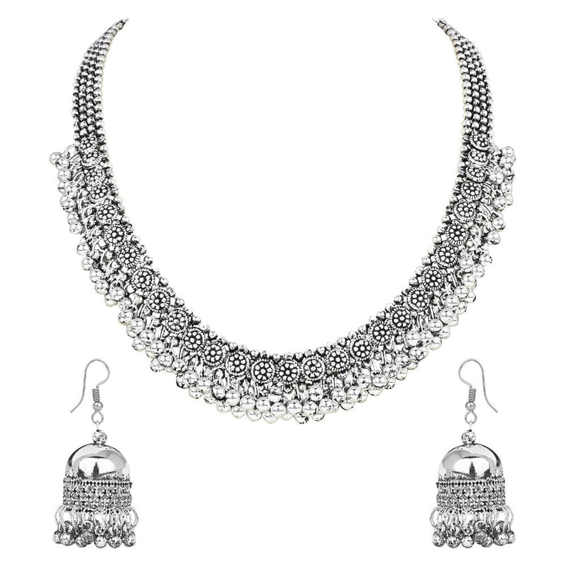Etnico Ethnic Silver Oxidised Floral Design Ghungroo Long Necklace Jewellery With Jhumka Earrings Set For Women/Girls (MC158OX)