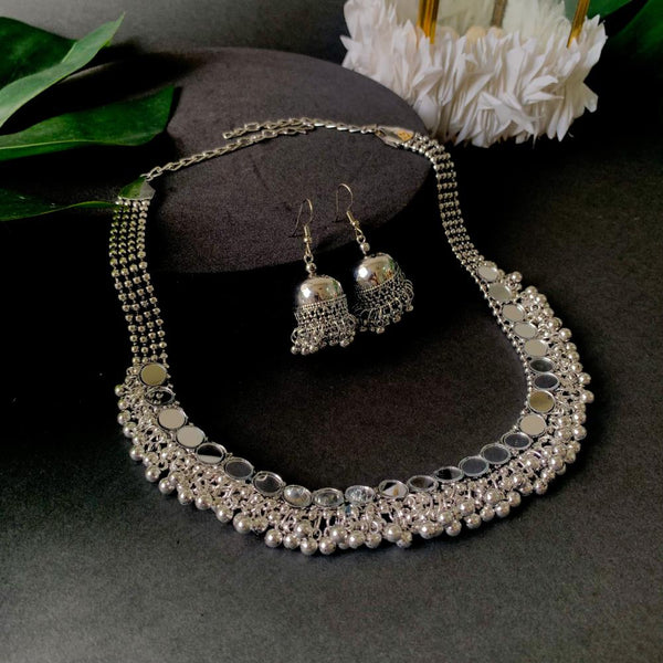Etnico Ethnic Silver Oxidised Mirror Work Ghungroo Necklace Jewellery With Jhumka Earrings Set For Women/Girls (MC159OX)