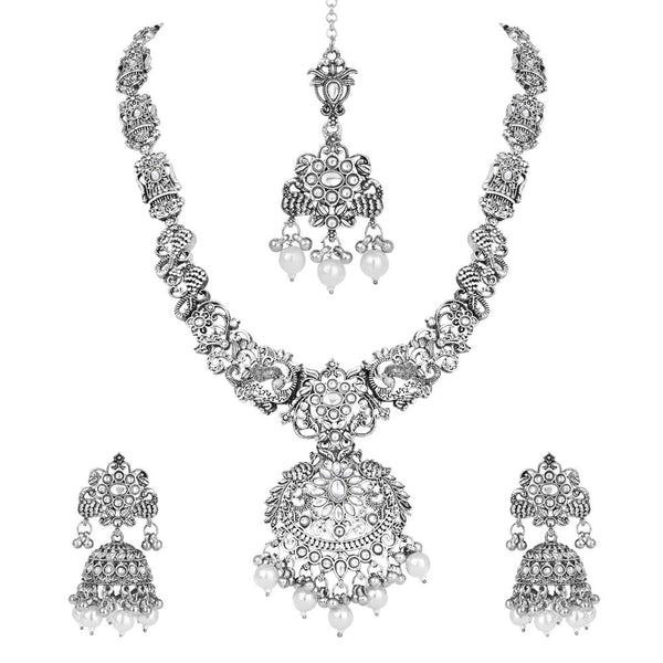 Etnico Stylish Boho Silver Oxidised Chain Pendant Long Necklace Jewellery Set For Women & Girls (MC160OX)