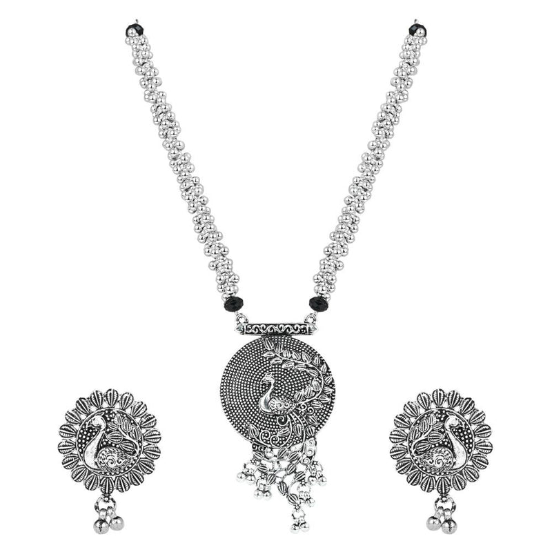 Etnico Ethnic Silver Oxidised Peacock Design Long Necklace With Earring Jewellery Set For Women/Girls (MC162OX)
