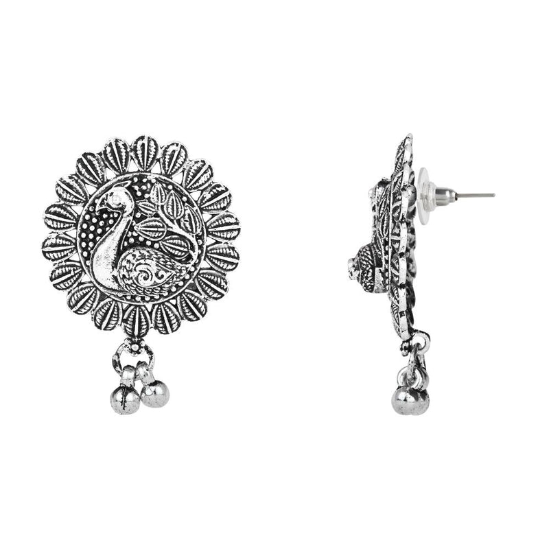 Etnico Ethnic Silver Oxidised Peacock Design Long Necklace With Earring Jewellery Set For Women/Girls (MC162OX)