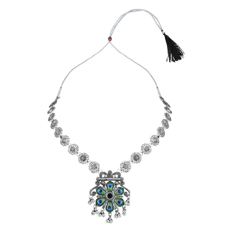 Etnico Ethnic Silver Oxidised Peacock Feather Ghungroo Long Necklace Jewellery Set For Women/Girls (MC163OX)