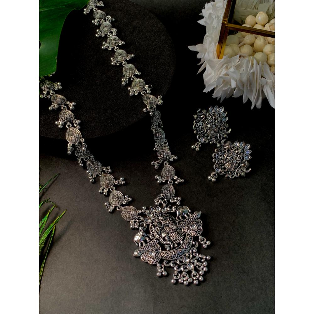Etnico Ethnic Stylish Silver Oxidised Radha Krishna Design Long Necklace Jewellery Set for Women And Girls (MC164ZW)