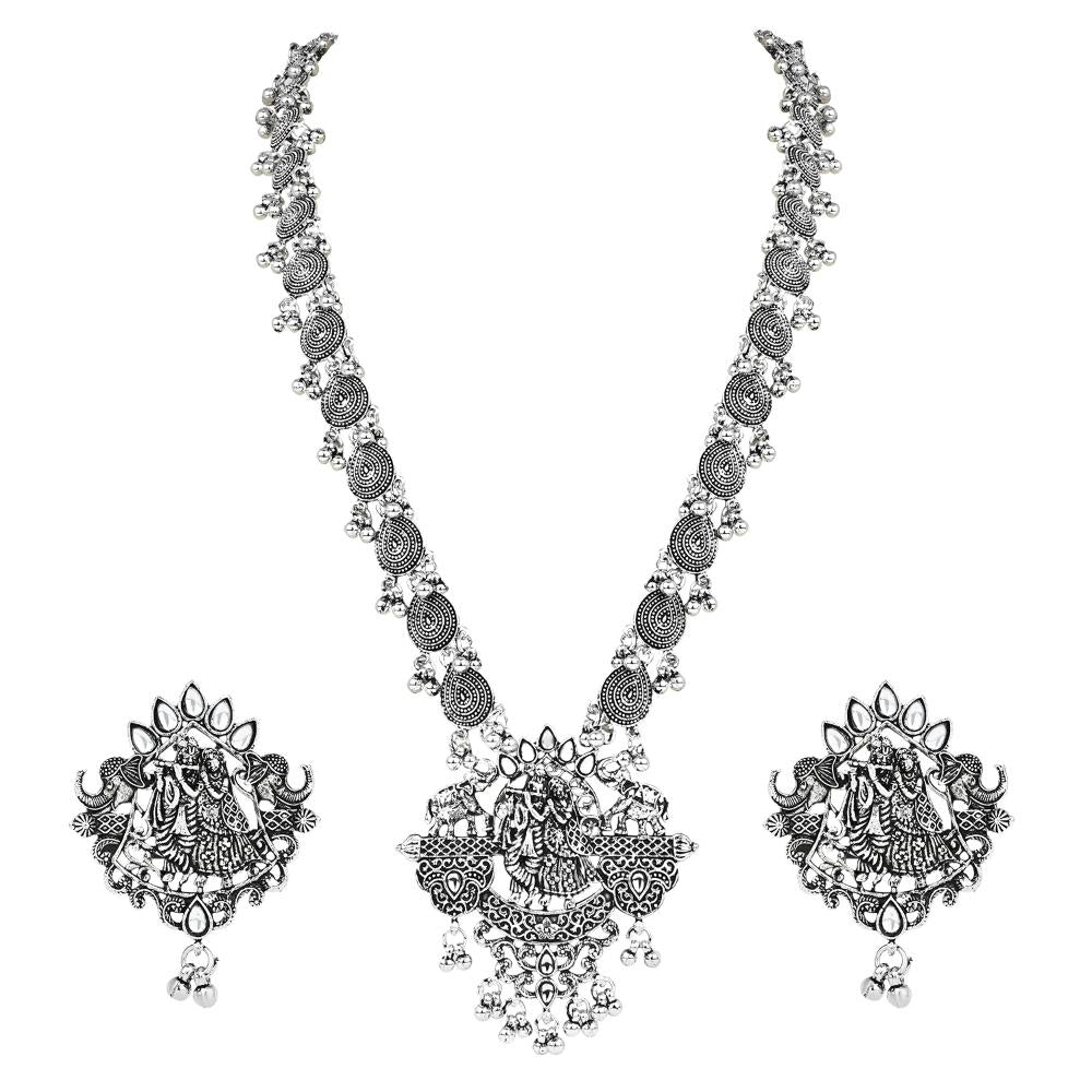 Etnico Ethnic Stylish Silver Oxidised Radha Krishna Design Long Necklace Jewellery Set for Women And Girls (MC164ZW)