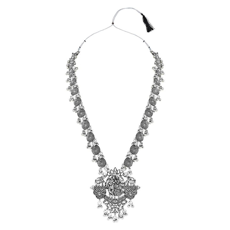 Etnico Ethnic Stylish Silver Oxidised Radha Krishna Design Long Necklace Jewellery Set for Women And Girls (MC164ZW)