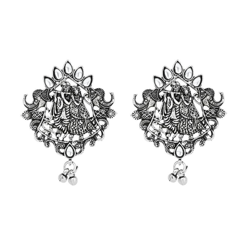 Etnico Ethnic Stylish Silver Oxidised Radha Krishna Design Long Necklace Jewellery Set for Women And Girls (MC164ZW)
