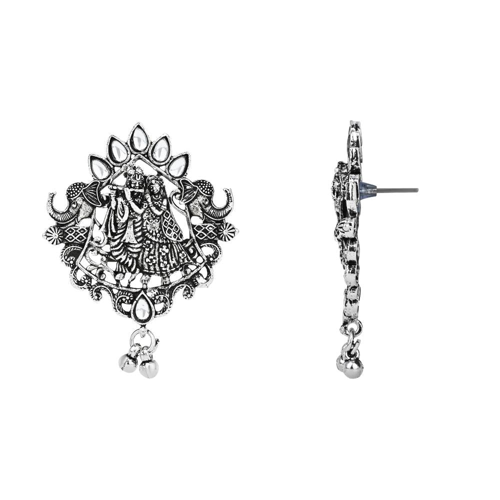 Etnico Ethnic Stylish Silver Oxidised Radha Krishna Design Long Necklace Jewellery Set for Women And Girls (MC164ZW)