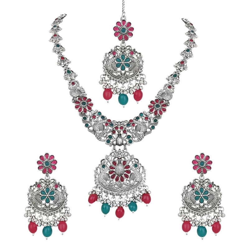 Etnico Stylish Silver Oxidised Chain Pendant Long Necklace Jewellery Set Whit Earrings For Women & Girls (Style 5)