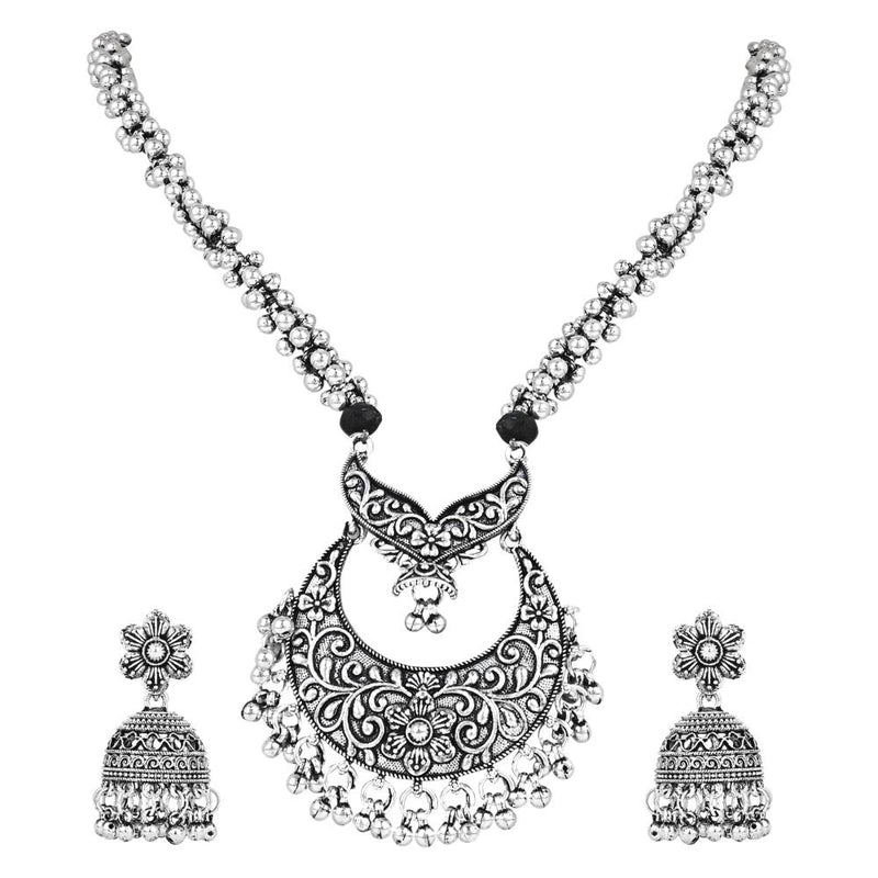 Etnico Ethnic Silver Oxidised Floral Design Ghungroo Long Necklace Jewellery With Jhumka Earrings Set For Women/Girls (MC169OX)