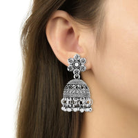 Etnico Ethnic Silver Oxidised Floral Design Ghungroo Long Necklace Jewellery With Jhumka Earrings Set For Women/Girls (MC169OX)