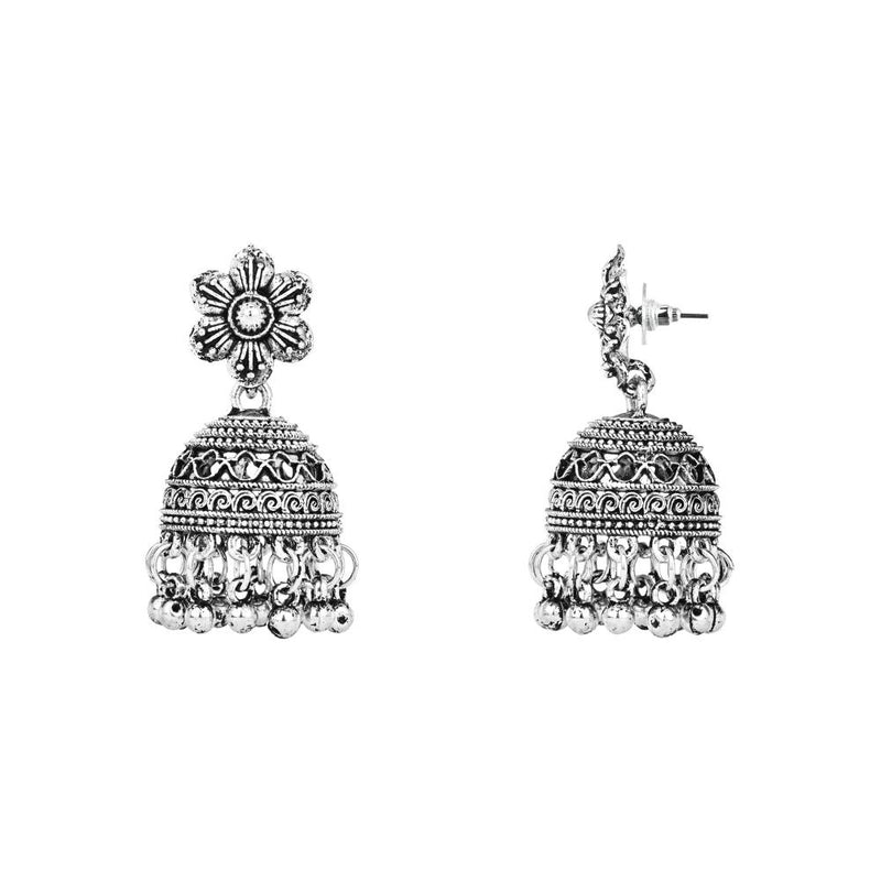 Etnico Ethnic Silver Oxidised Floral Design Ghungroo Long Necklace Jewellery With Jhumka Earrings Set For Women/Girls (MC169OX)