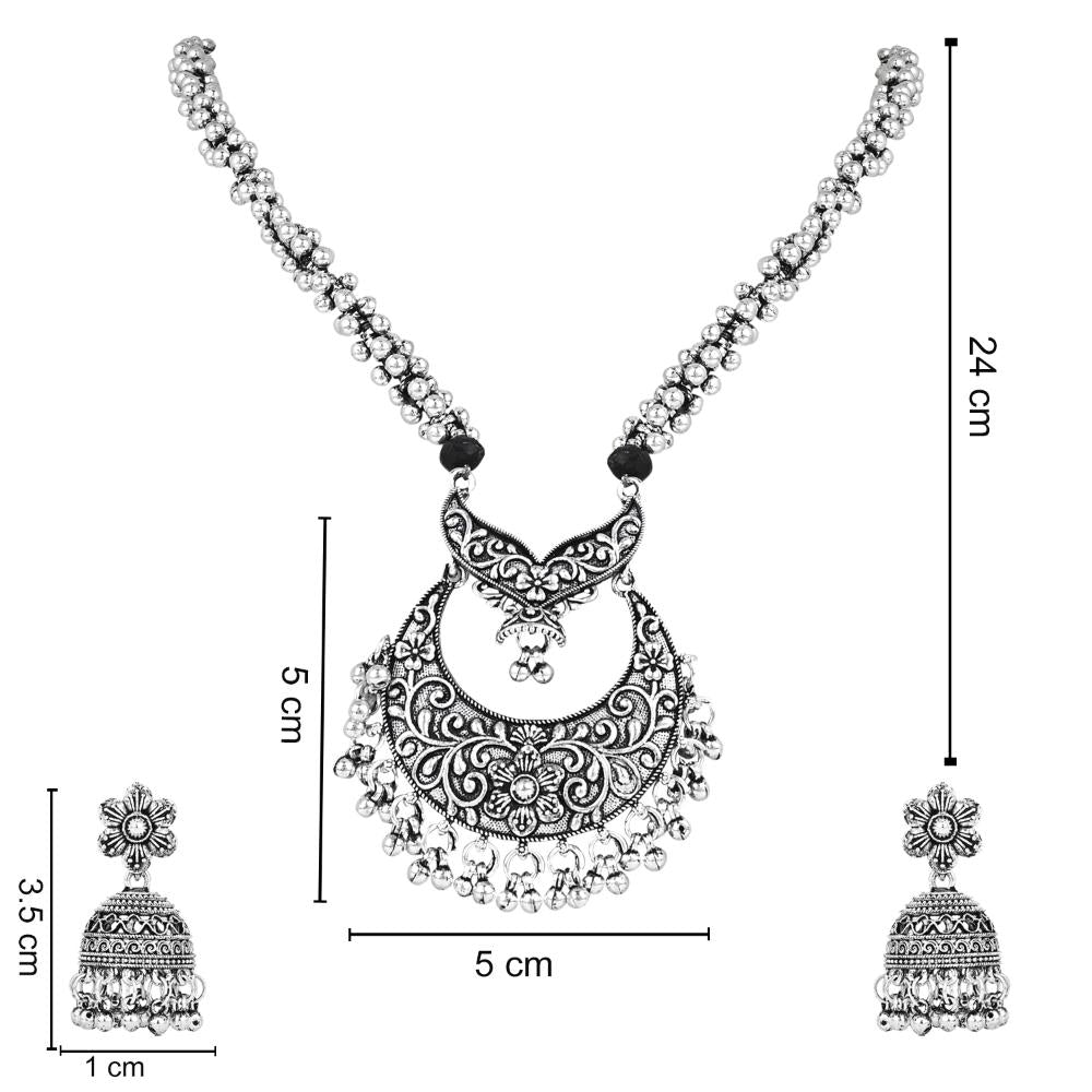Etnico Ethnic Silver Oxidised Floral Design Ghungroo Long Necklace Jewellery With Jhumka Earrings Set For Women/Girls (MC169OX)
