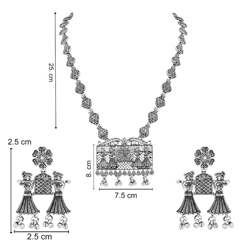 Etnico Ethnic Silver Oxidised Long Necklace Jewellery With Drop Earrings Set For Women/Girls (MC170OX)