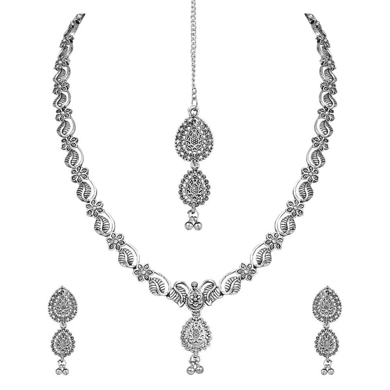 Etnico Ethnic Silver Oxidised Floral Design Ghungroo Long Necklace Jewellery With Jhumka Earrings Set For Women/Girls (MC171OX)