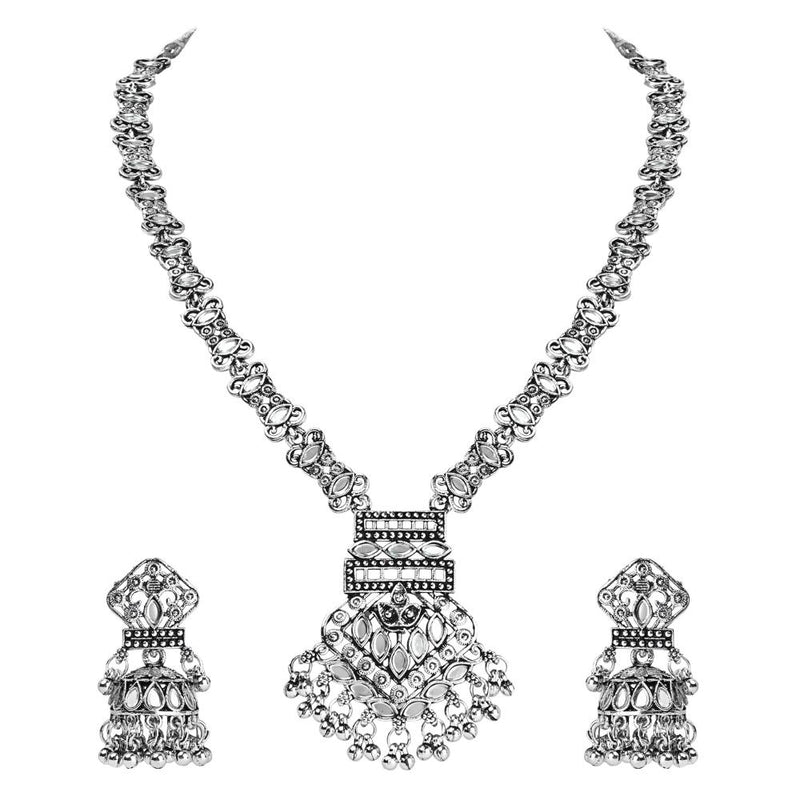 Etnico Silver Oxidised Traditional Long Necklace with Earring Set for Women (MC173OX)
