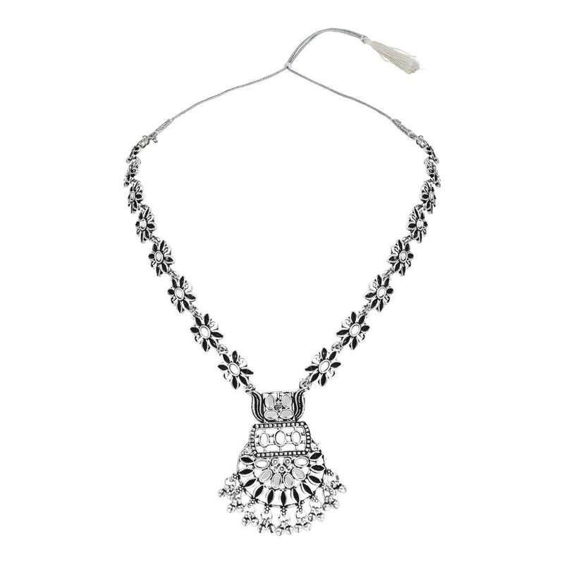 Etnico Silver Oxidised Floral Design Ghungroo Long Necklace Jewellery With Jhumka Earrings Set For Women/Girls
