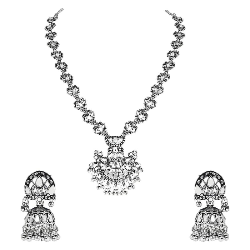 Etnico Traditional Silver Oxidised Long Necklace Jewellery Set With Earring for Women/Girls