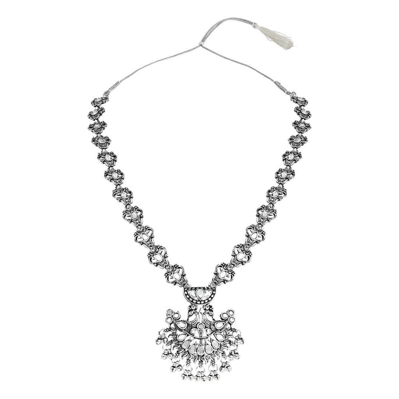 Etnico Traditional Silver Oxidised Long Necklace Jewellery Set With Earring for Women/Girls