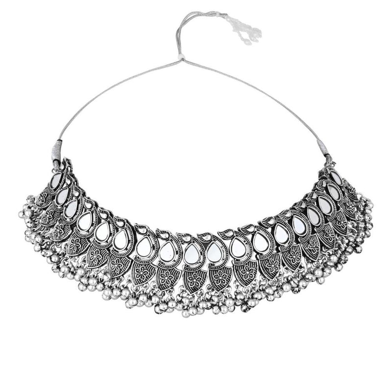 Etnico Silver Oxidised Afghani Ghungroo Drop Choker Necklace With Earrings Set For Women (MC179OX)