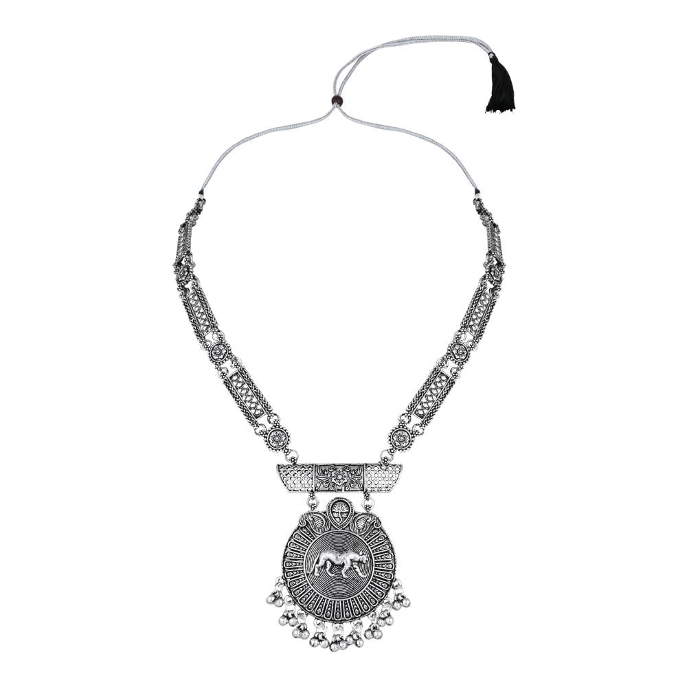 Etnico Silver Oxidised Long Necklace & Earrings Set For Women