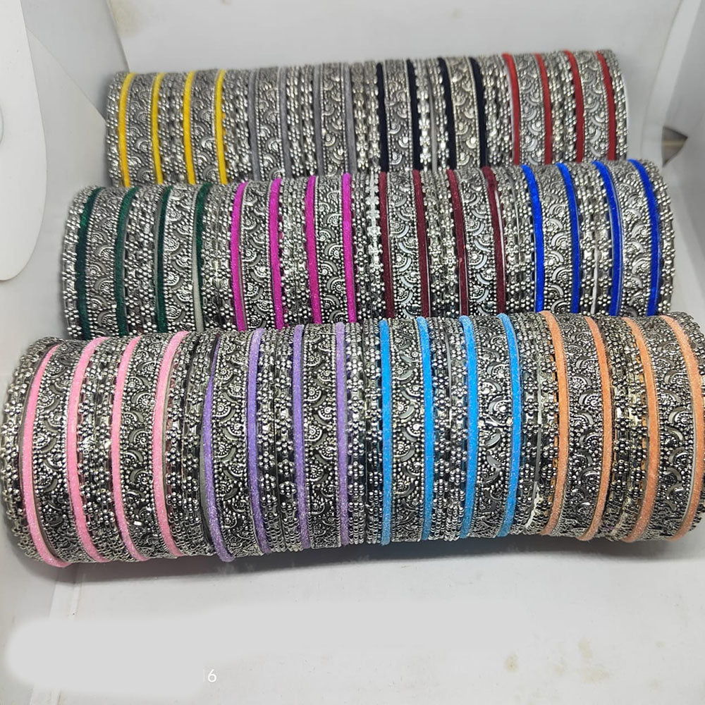 Shree Asha Bangles Antique Silver Plated Velvet Bangles Set (Assorted Color)