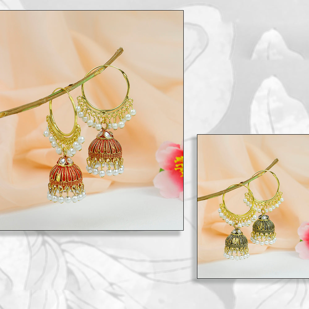 Mahavir Kundan Stone And Meenakari Jhumki Earrings