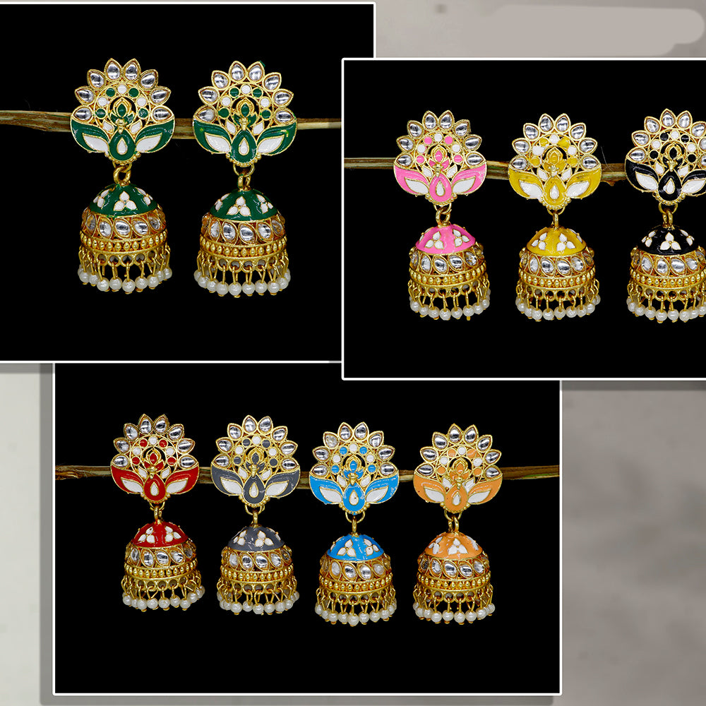 Mahavir  Gold Plated Kundan Stone And Meenakari Jhumki Earrings