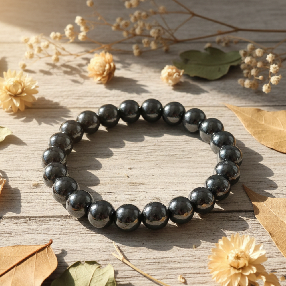 Etnico Hematite Bracelet for Men Women | Black Beaded Stretch Bracelet | Reiki Stone Healing Crystal Style Bracelet for Balance, Harmony & Positive Energy | Gift for Men Women (MJB003B)