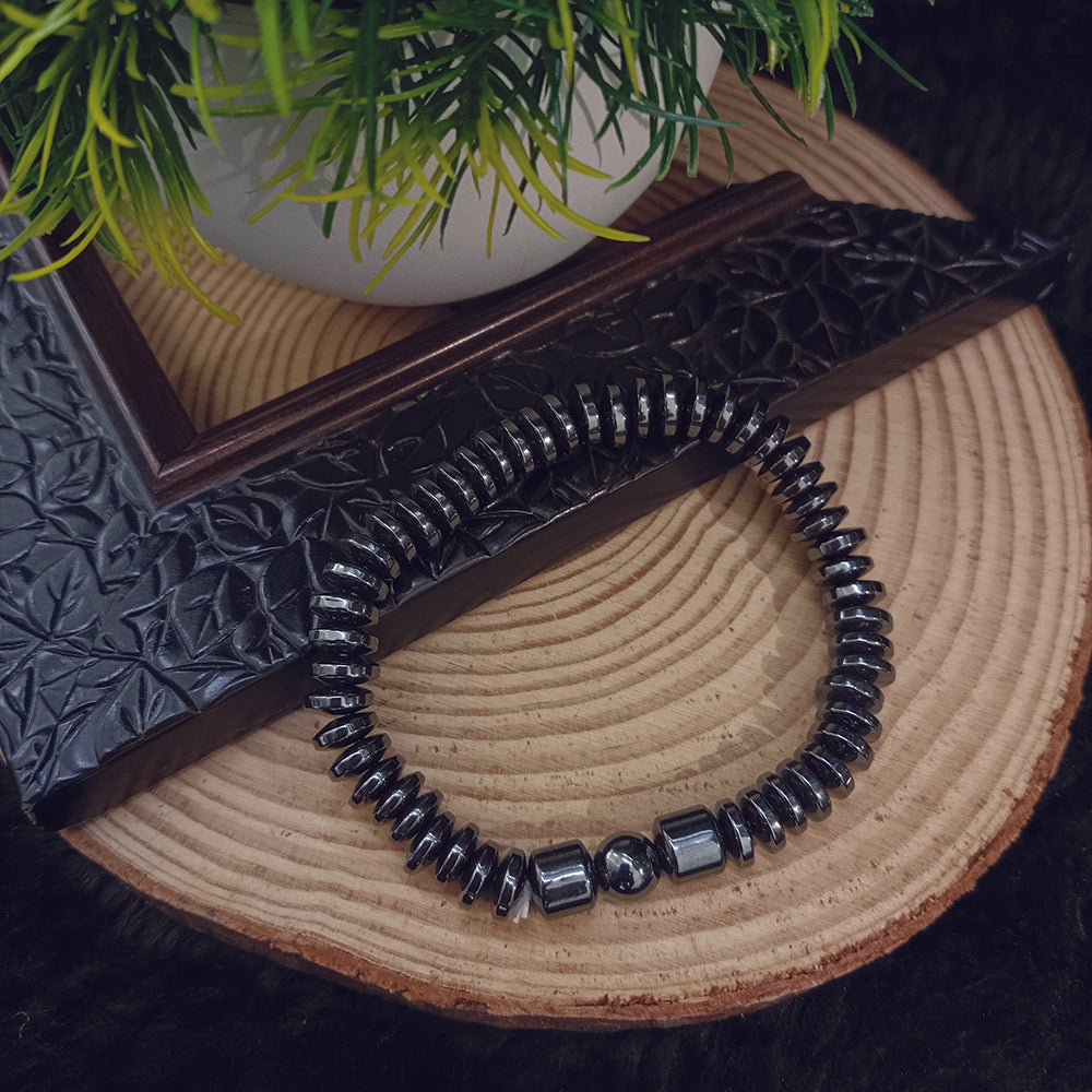 Etnico Hematite Stretchable Bead Bracelet with Disc & Accent Stones for Energy, Balance & Modern Style (MJB004)