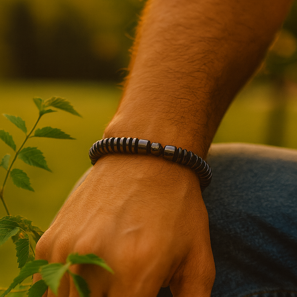 Etnico Hematite Stretchable Bead Bracelet with Disc & Accent Stones for Energy, Balance & Modern Style (MJB004)