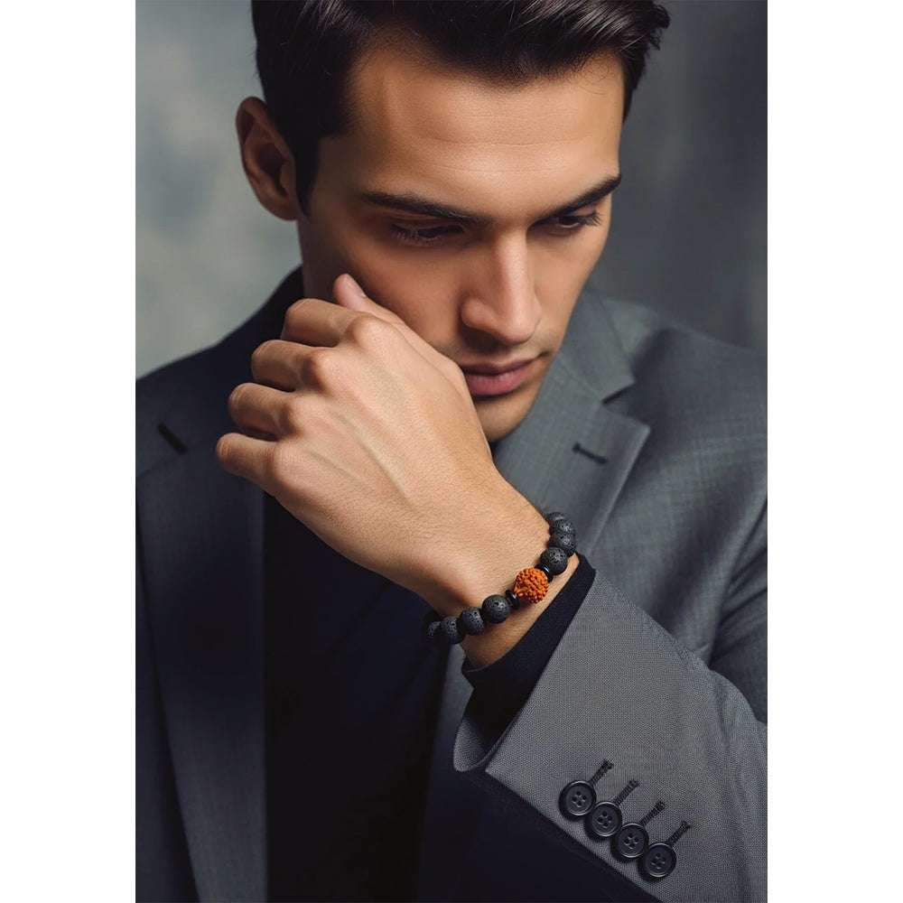 Etnico Lava Stone & Rudraksha Stretchable Bead Bracelet for Strength, Calmness & Spiritual Balance (MJB005B)