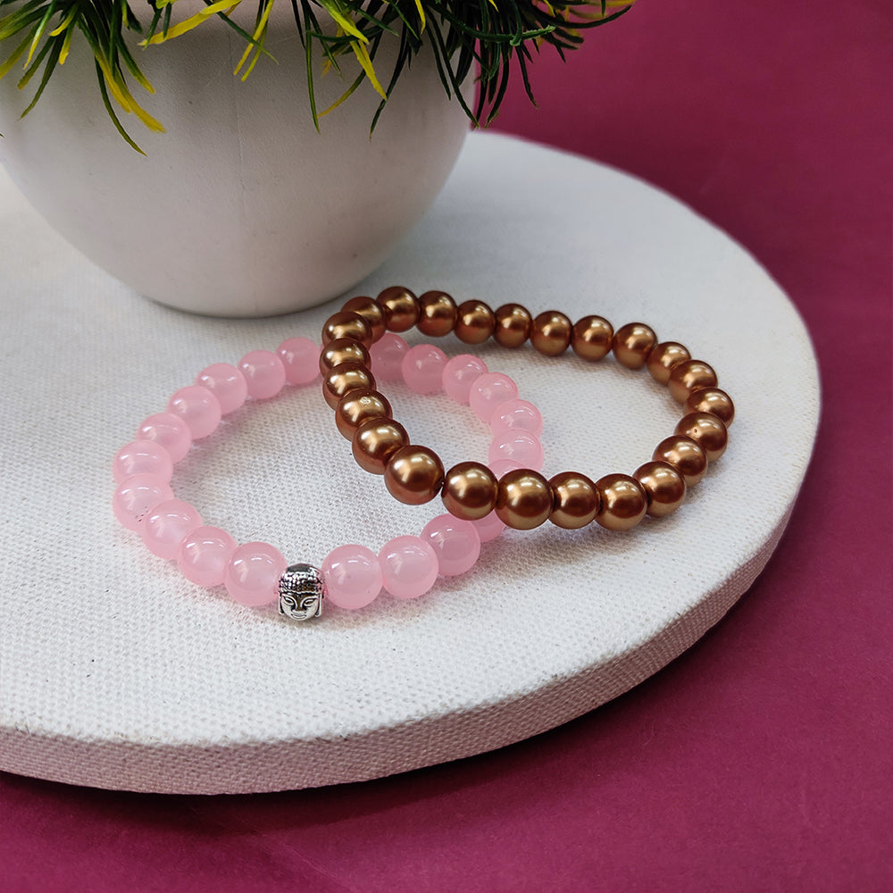 Etnico Bracelet Set for Women | Pink Beaded Bracelet with Buddha Charm and Brown Beaded Stretch Bracelet | Spiritual Style Bracelet Set for Balance, Harmony & Positive Energy | Gift for Women (MJB006-CO)