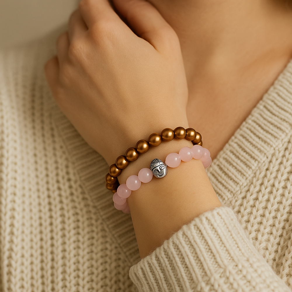 Etnico Pink Bead Bracelet with Buddha Accent & Metallic Hematite Bead Bracelet Combo Set (MJB006-CO)