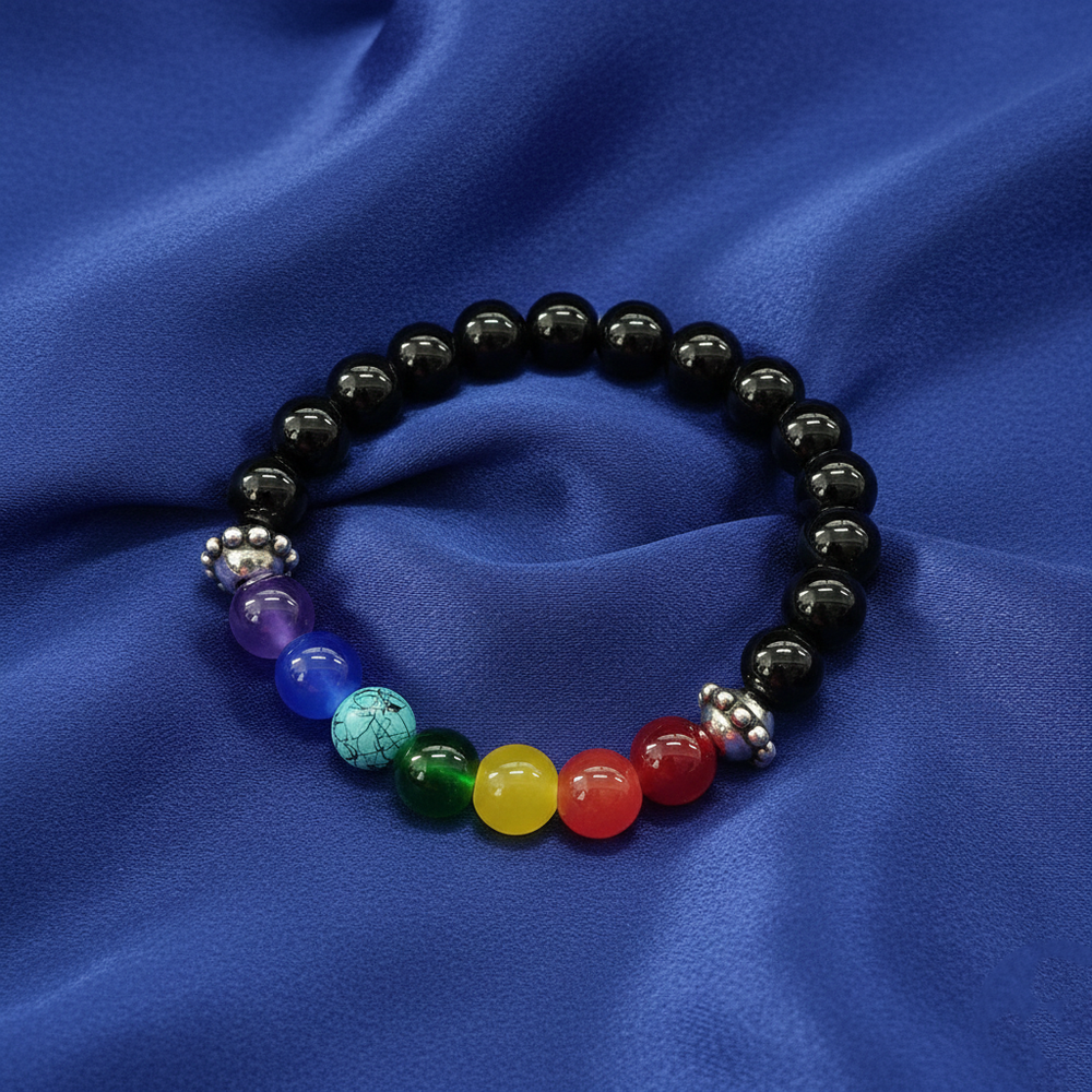 Etnico Chakra Stretchable Bead Bracelet with Lava Beads & Chakra Color Beads for Energy Balance (MJB007)
